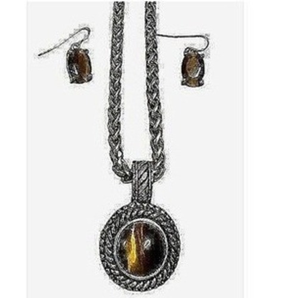 Vintage Tiger Eye Pendant Necklace & Earrings Set Boho‎ Jewelry Gift for Her